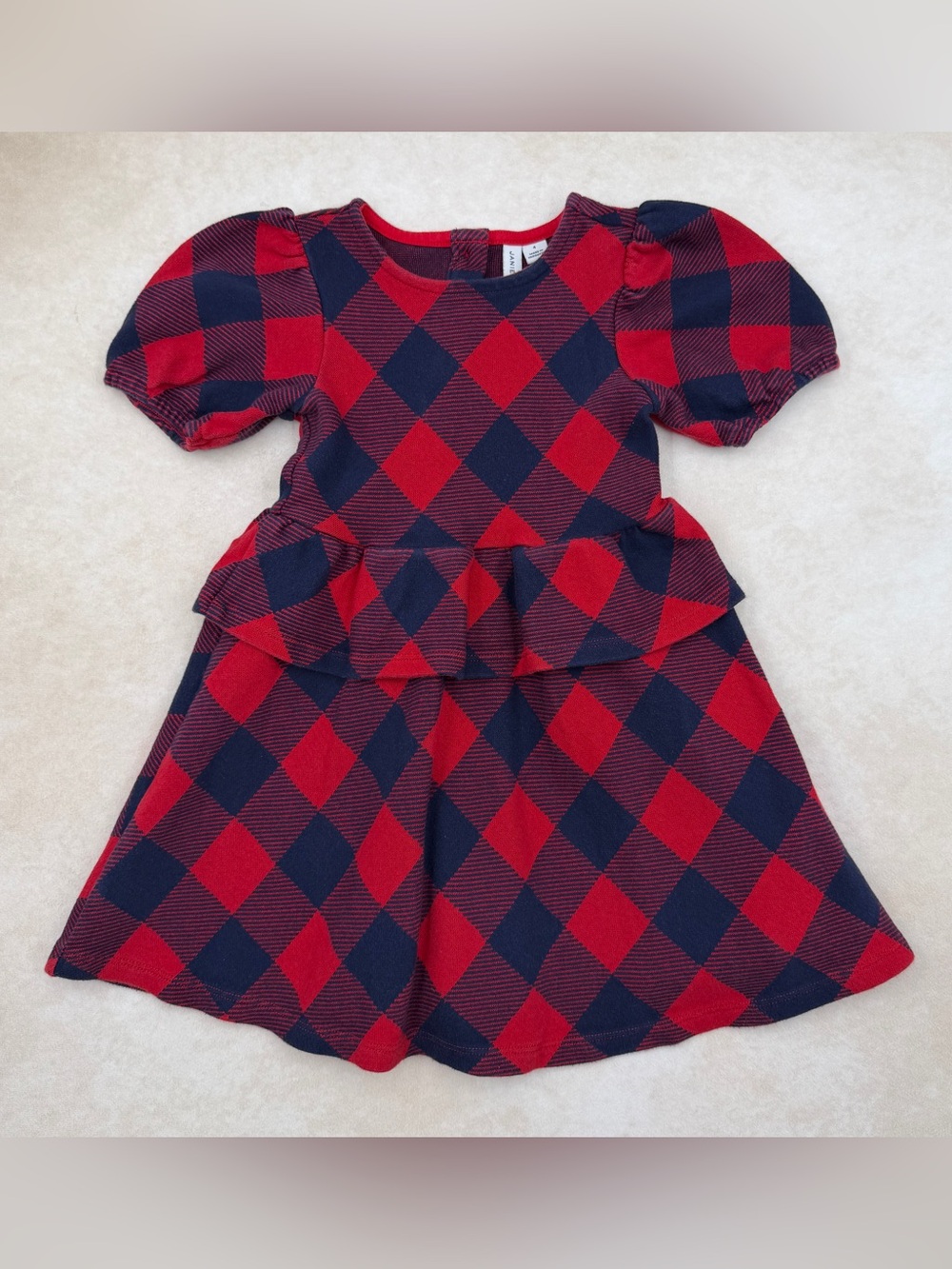 Janie and Jack Red and Navy Plaid Peplum Puff-Sleeve Dress